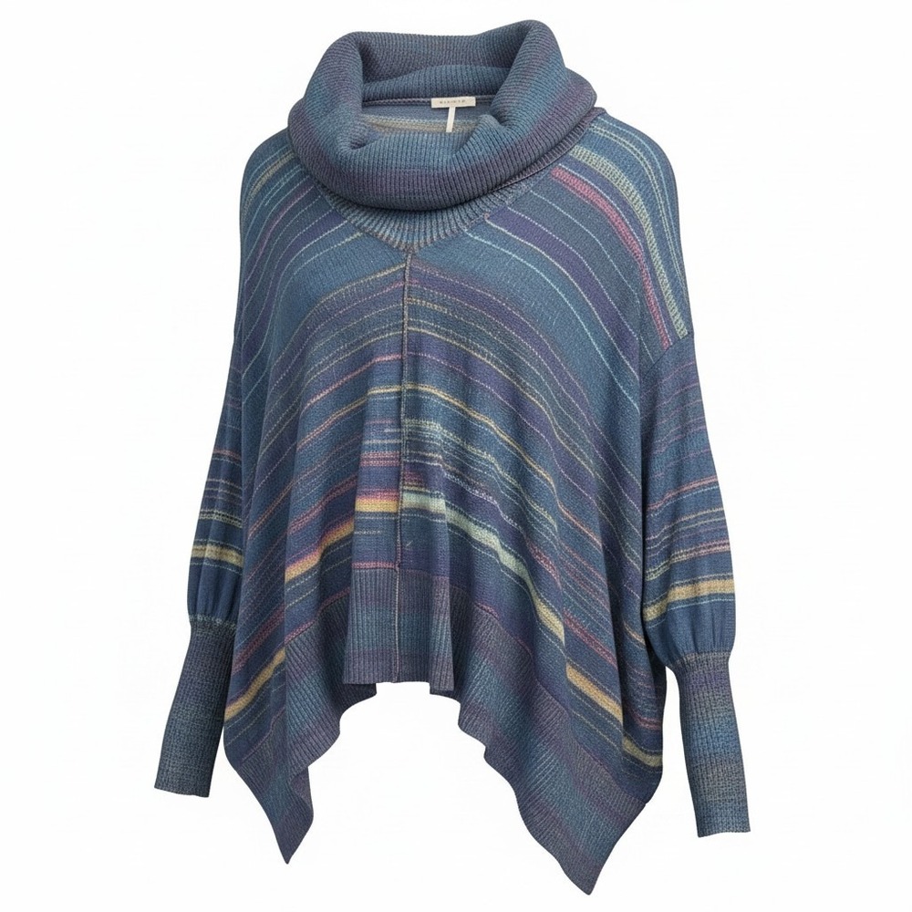 Free People Cowl Neck Poncho Sweater Blue‎ Space Dye Striped Oversized XS/S